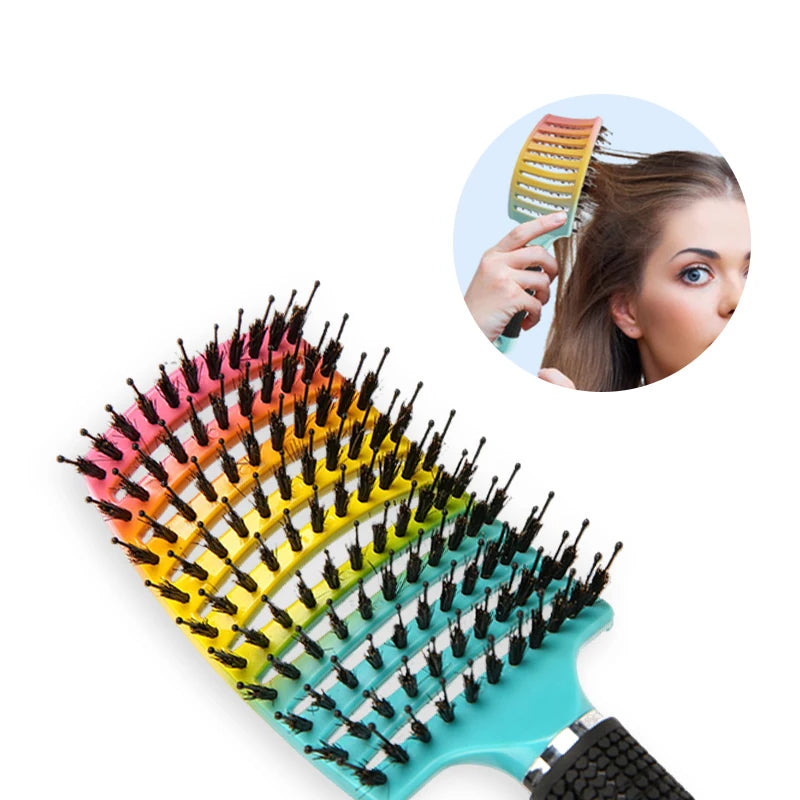 closeup of gradient detangling brush, with inset of a woman brushing her hair